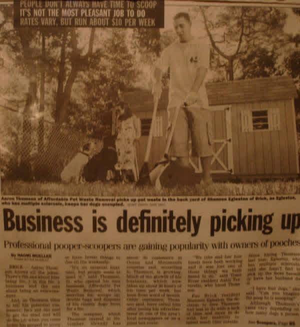 Original clipping headed ‘Business is definitely picking up,’ naming Aaron Thomson and Affordable Pet Waste Removal