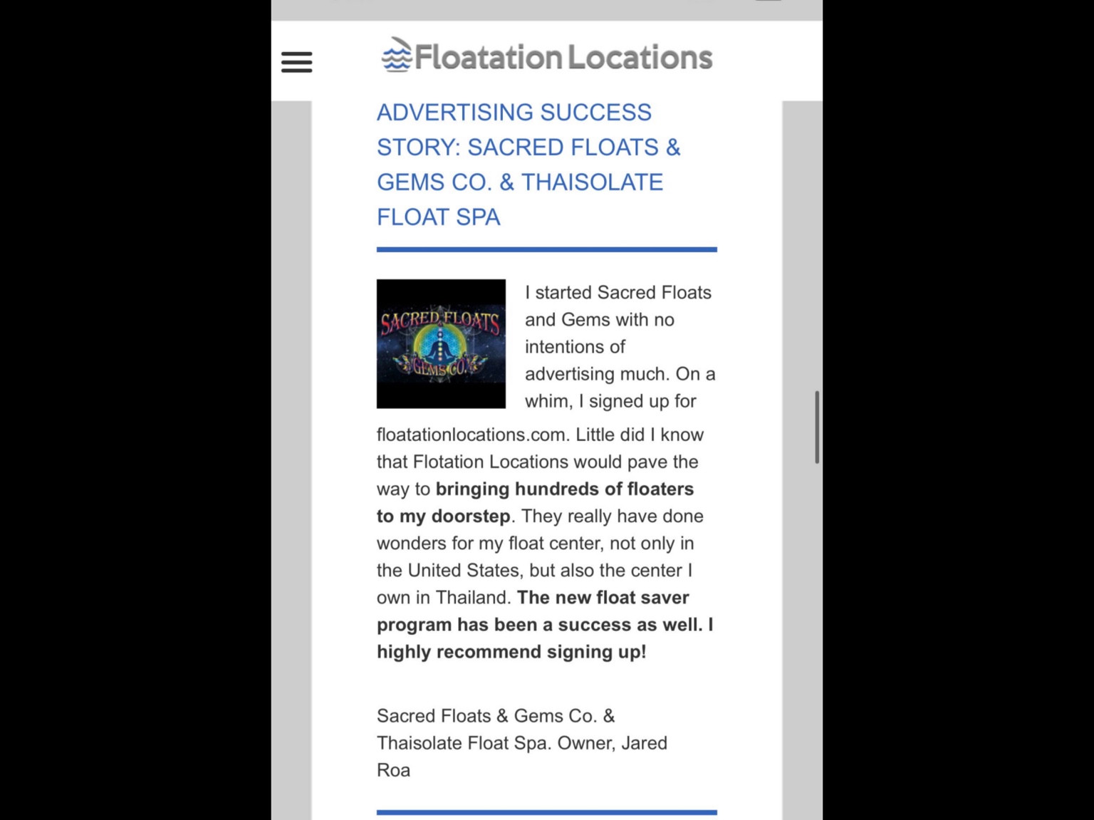 Original Sacred Floats and Thaisolate success-story screenshot, attributed to Jared Roa