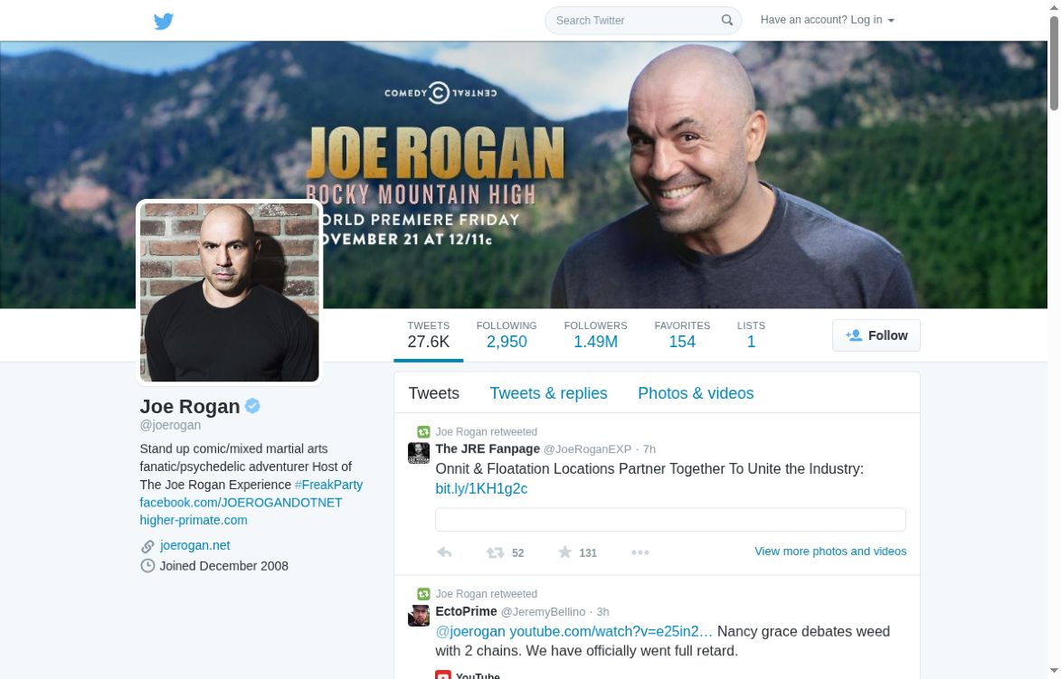 Archived Joe Rogan timeline showing Joe Rogan retweeted above the Floatation Locations and Onnit post